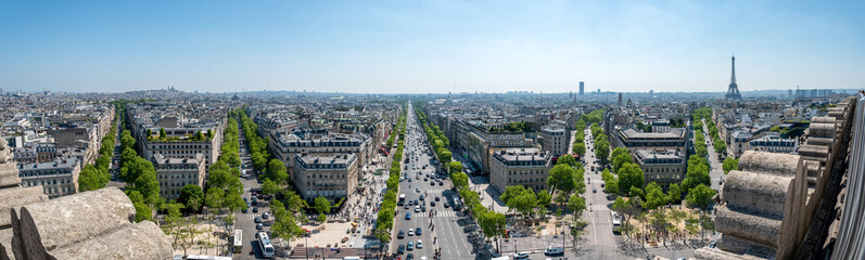 Panoramic View from Arc de Triomphe South East to Sacre Coeur, Louvre Palace and Tour Eiffel,...