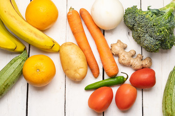fruits and vegetables on white background