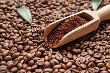 Scoop with coffee beans and powder, closeup