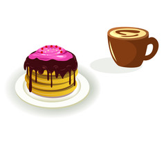 chocolate cake and coffee cup. Vector illustrations