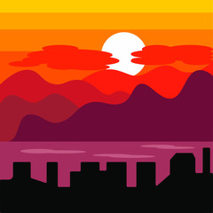 city sunset, sea, town. For printing art, wallpaper, prints for t-shirts or clothes. For home decoration. Vector illustration eps 10