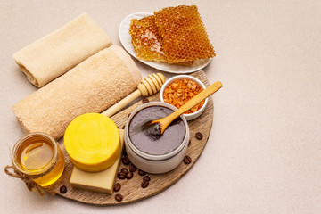 Spa concept. Self care with honey, coffee and turmeric. Natural organic cosmetics, homemade product, alternative lifestyle