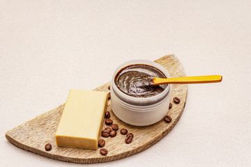 Spa concept. Self care with coffee, body scrub and soap. Natural organic cosmetics, homemade product, alternative lifestyle