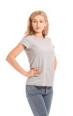 Woman in stylish t-shirt on white background