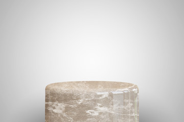 Empty beige marble podium on white background. Best for product presentation. 3d rendered round pedestal for placement.