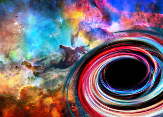 Deep space look. Black hole in bright colours near far galaxies and stars. Science fiction....