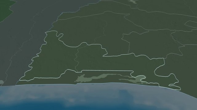 Ogun, state with its capital, zoomed and extruded on the administrative map of Nigeria in the conformal Stereographic projection. Animation 3D