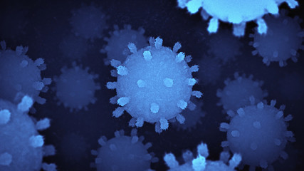 Eletron microscope graphic showing multiple COVID 19 viruses in blue light.