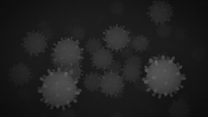 Eletron microscope graphic showing multiple COVID 19 viruses. Black and white picture.