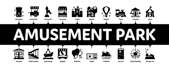 Amusement Park And Attraction Minimal Infographic Web Banner Vector. Castle And Train, Electrical Car And Boat, Ticket And Air Balloon Attraction Illustrations