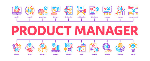 Product Manager Work Minimal Infographic Web Banner Vector. Product Manager Business Idea And Price, Web Site And Research, Checklist And Analysis Illustrations
