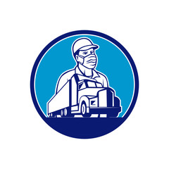 Mascot icon illustration of a truck driver wearing surgical mask with semi truck and trailer transport set inside circle viewed from front low angle on isolated background in retro style.
