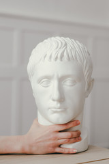 A female hand holds a plaster sculpture of Caesar's head by the neck. The sculpture stands on a wooden table in a classic interior