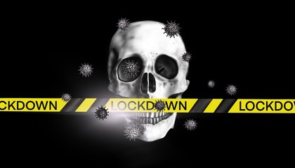 The symbol skull with tape bar In illustration painting of prohibition and stop blocking from entry,lockdown of coronavirus covid-19 spreading and for protection from dangerous virus