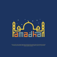 Greeting of Ramadhan with Colorfull Lettering and Mosque, Ramadhan Kareem, Lettering Calligraphy