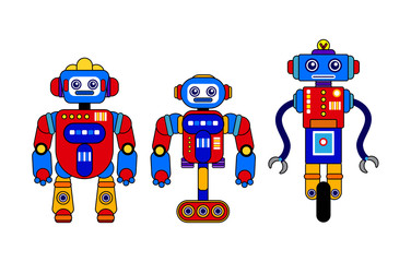  Set of 3 colorful robots on a white background. Cartoon style. Vector illustration. Robot toys-01