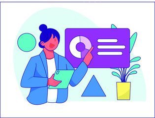 vector illustration of a woman holding a tray with food symbols