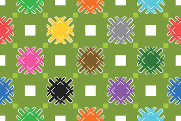 Seamless geometric pattern, texture or background vector in green, blue, red, pink, purple, black, white, grey, brown colors.