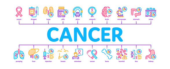 Cancer Human Disease Minimal Infographic Web Banner Vector. Stomach And Intestines, Brain And Kidneys, Liver And Lungs Cancer, Research And Treatment Illustrations