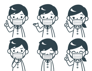 マスクをした医者　いろんな表情・ポーズ　モノクロ