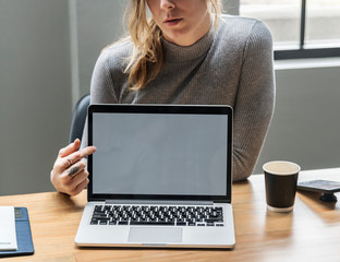 Fototapeta na wymiar Blond woman pointing at a laptop screen