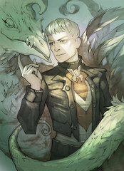 Original fantasy hand drawn illustration of a handsome elf character with monstrous dragon like monster as a pet