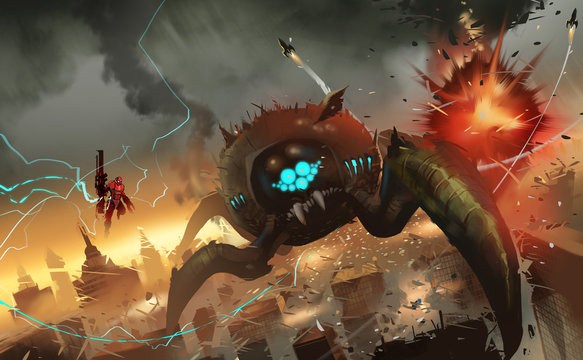 Digital illustration painting design style big monster invading big city.