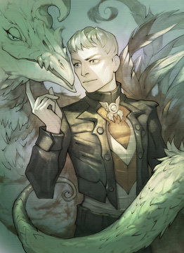 Original fantasy hand drawn illustration of a handsome elf character with monstrous dragon like monster as a pet