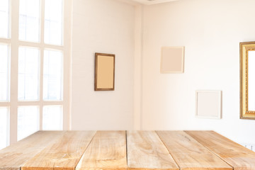Fototapeta na wymiar Empty wooden table and window room interior decoration background, product montage display,can be used for display or montage your products.Mock up for display of product.
