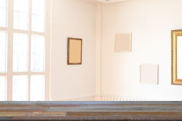 Empty wooden table and window room interior decoration background, product montage display,can be used for display or montage your products.Mock up for display of product.