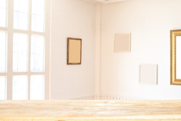 Empty wooden table and window room interior decoration background, product montage display,can be used for display or montage your products.Mock up for display of product.