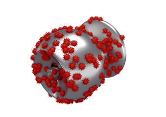 A 3D rendering image of corona covid 19 virus stay on gray aluminium door knob