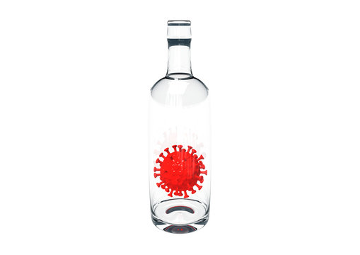 A 3D rendering image of corona covid 19 virus inside a transparency glass bottle