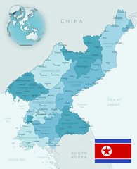 Blue-green detailed map of North Korea and administrative divisions with country flag and location on the globe.