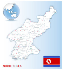 Fototapeta premium Detailed North Korea administrative map with country flag and location on a blue globe.