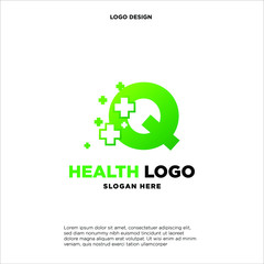 Letter Q Pixel logo, Plus sign logo, Medical health care hospital symbol, Technology and digital logotype