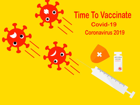 Vector Drawn Flat Design Coronavirus And Vaccination, Cell Covid-19 Scared And Run Away From Vaccines Syringe Protection Coronavirus, Virus Concept Time To Vaccinate 