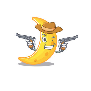 Cute handsome cowboy of crescent moon cartoon character with guns