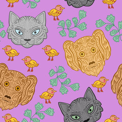Children seamless pattern with funny creative faces of cats, dogs. Vector illustration in the cartoon style. For children's clothing, fabric, textiles, kids room decoration, wrapping paper
