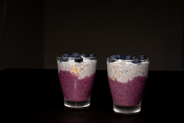 Blueberry smoothie. Chia seeds Healthy food. Vegetarian food. Copy spase