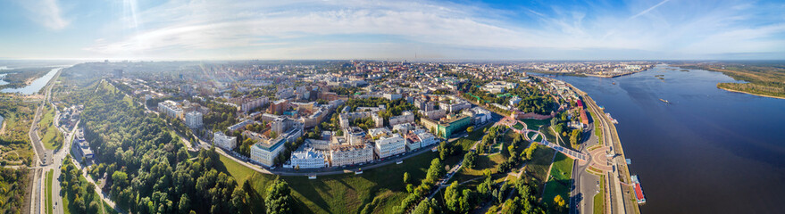 Nizhny Novgorod. Panorama of the Verkhnevolzhskaya embankment. Shooting from a drone, summer morning
