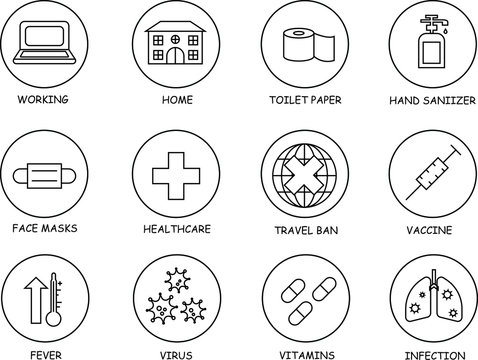 COVID Icons Set With Corona Virus Elements Including Working At Home, Travel Ban, Pills, Vaccination, Fever, High Temperature, Lung Damage, And Toilet Paper