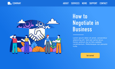 How to negotiate in business. Small people talking and standing near big hands handshake, partnership or deal concept. Modern design vector illustration. Web landing page template