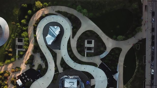 Maggie Daley Park and Skating Ribbon, Chicago USA. Top Down Spinning Aerial View