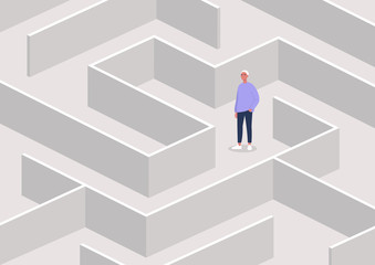 Young male character in a maze, strategical thinking and troubleshooting, business concept