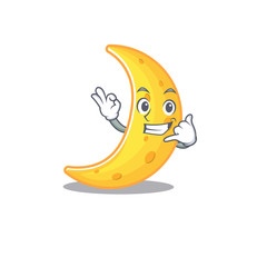 Cartoon design of crescent moon with call me funny gesture