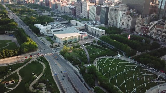 Aerial View of Millennium Park and South Columbus Drive in Downtown Chicago USA