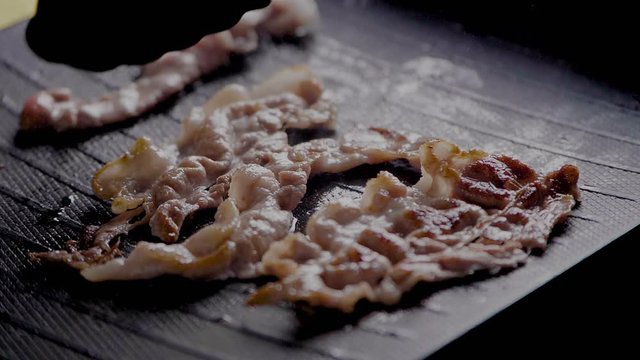 Home cooking Korean samgyeopsal pork belly, slow motion