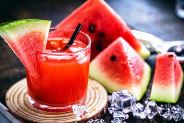 Brazilian caipirinha, typical Brazilian cocktail made with watermelon, cachaça and sugar. Traditional drink from Brazil known as caipifruta, a tropical summer drink.