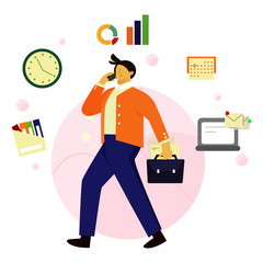 Business man standing and holding briefcase with office. Multitasking and time management concept. Effective management. Vector illustration.